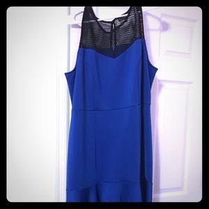 Blue dress with black mesh trim at neckline, sz 20